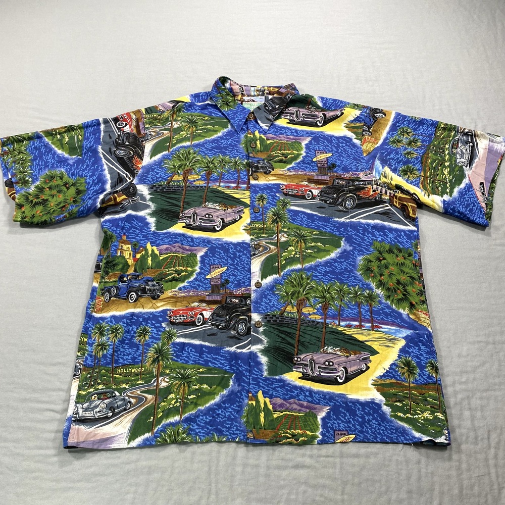 Reyn Spooner Shirt Mens XL Blue Hawaiian 50s Cars Hollywood LA Camp Rayon